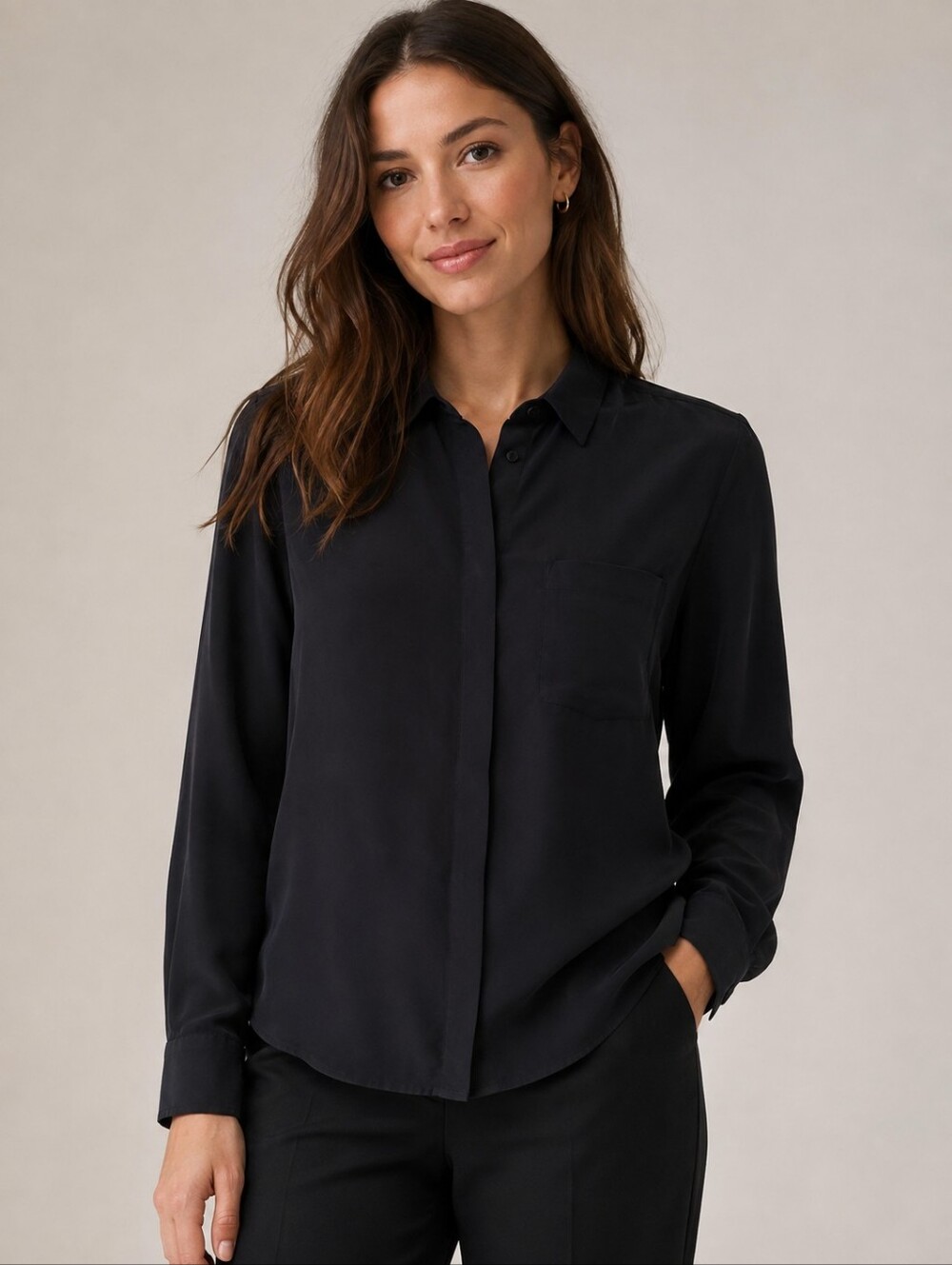 J.Crew 365 Womens 10 Black 100% Silk Button Up Blouse Quiet Luxury Minimalist